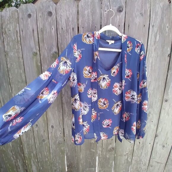 Entro size S blue floral print lined tunic blouse balloon sleeve tie bow neck - Picture 1 of 16